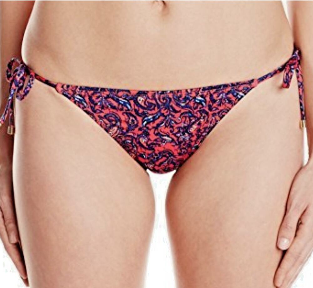 Lark & Ro Women's String Bikini BOTTOM - Paisley Navy Pink - Gold Cap - Sz Large